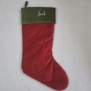 Pottery Barn Basic Velvet Christmas Stocking Green Red Monogram "Jack" Medium